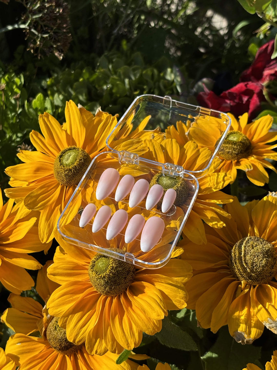 Bubble Bliss press-on nails — ten almond nails in a soft blush-to-milk ombre, shown in an open case